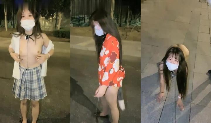橙橙小萝莉JK装夜晚马路上露出后备箱自慰，带项圈跪地爬行肛塞性感连体网袜