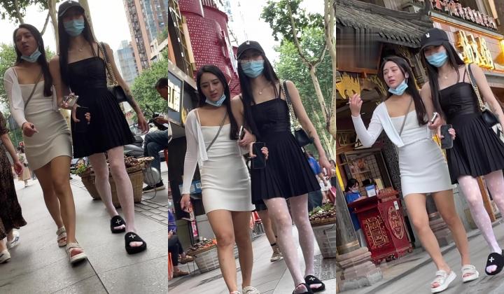 黑色连体裙子白丝袜小姐姐和白色包臀裙姐妹逛街 一个没穿内内 若隐若现 一起CD