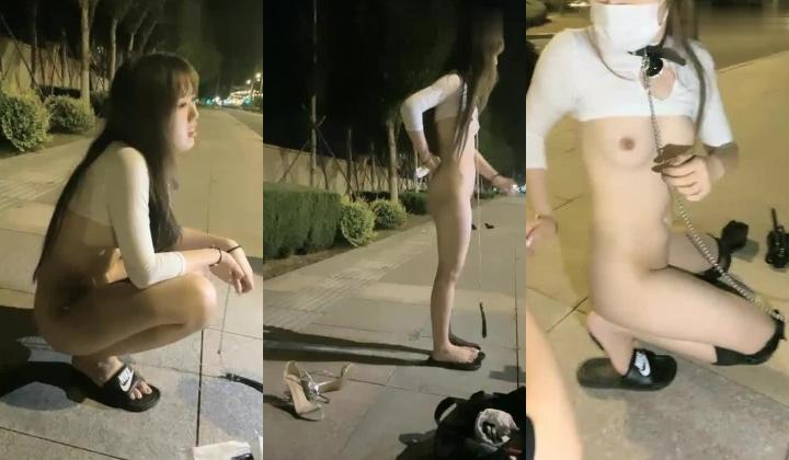 橙橙小萝莉深夜马路边露出自慰，带着项圈地上爬行给主人口交，翘起屁股假吊抽插