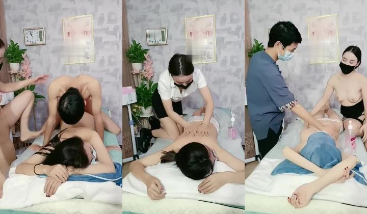 给女顾客催情逼逼上药玩双飞，淫荡的按摩店少妇享受技师的按摩服务，揉奶玩逼欲火焚身被小哥轮草抽插叫