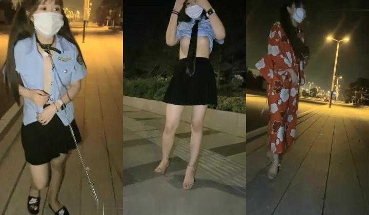 橙橙小萝莉制服诱惑马路边露出，脱光光带项圈假吊后入抽插，掰穴特写翘屁股扭动