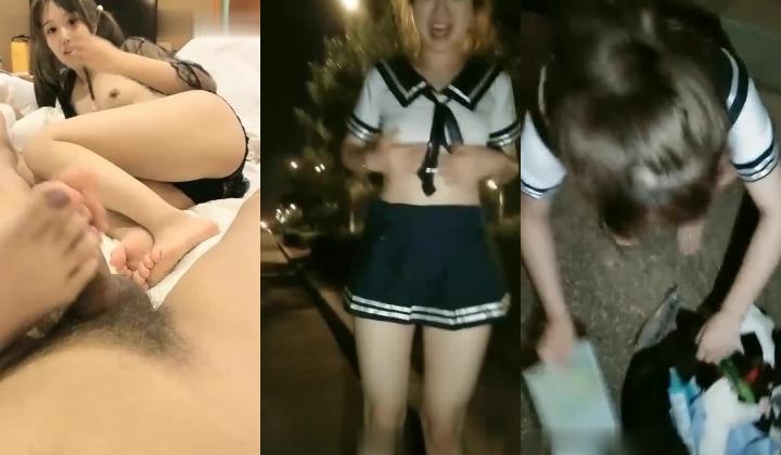 【橙橙小萝莉】19岁极品小萌妹，夜晚街头学生制服露出，回酒店情趣装调教，后入爆菊口交足交