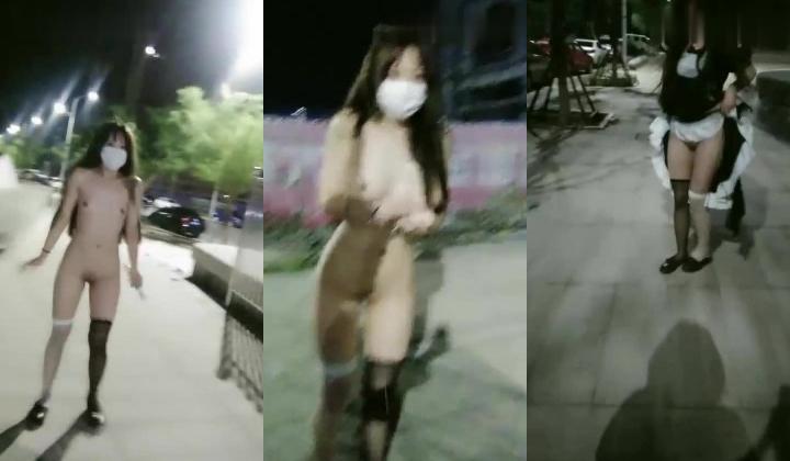 橙橙小萝莉萌妹女仆装深夜户外路上自慰，脱掉衣服黑白丝袜按摩器震动出水，车上假吊抽插呻吟