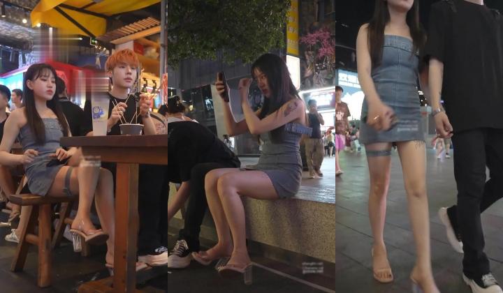 时尚美女裙底紧身牛仔裙美女透明高跟鞋..性感微透白内桌下视角性感开衩短裙美女排队时双腿岔开露骚丁