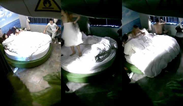 浪漫爱情海主题酒店直观欣赏数对关系复杂中青年男女约炮秃顶大叔艳福不浅约个性感美少妇人肉悬浮式猛干