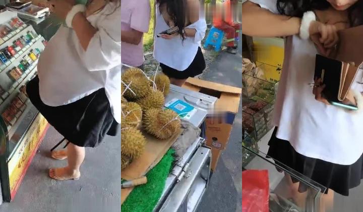 刺激的人前漏出户外，全程露脸户外马路边买瓜和榴莲故意在大爷和小哥面前漏奶子，把一旁环卫大爷眼都看
