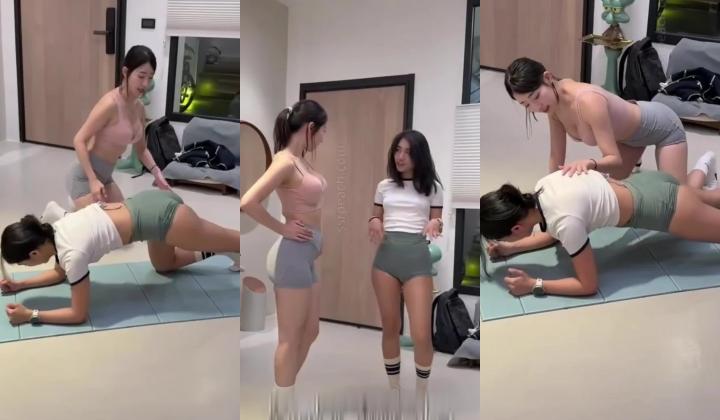 亚洲臀后艾莉 (ssrpeach) (露脸) 瑜珈垫上女大生嘿尼跟性感女教练艾莉开始背着男友调情