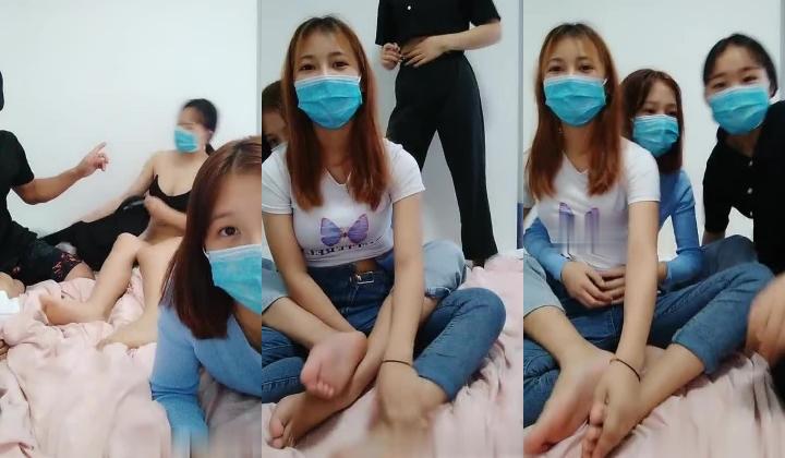 会玩的大哥一男御三女玩得真嗨皮，衣服的撕扯激情的碰撞，自己抠着逼让两个骚女一起舔鸡巴，轮流爆草冒
