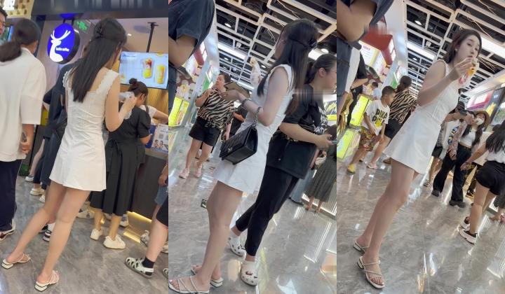 【KFC】吊带裙少妇独自逛街吃小吃 粉色薄内微透·低角度CD