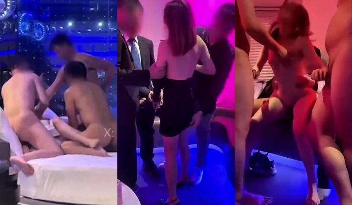 “fuck，操死这个小骚货”白领公关和同事一起翘班淫趴，她被围在中间玩弄，白嫩美乳弹跳而出，露出