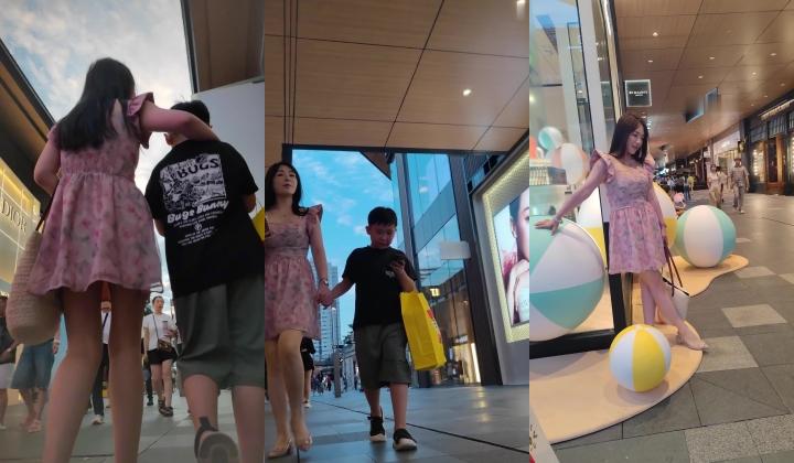 大神尾随偷拍 粉色印花连衣裙少妇和儿子逛街屁股半透明内内 店内抄底长筒靴白色短裙美女抄底薄丝靴子