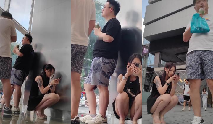 【CSCD】系列 黑色连衣裙极品美女和朋友出来逛街累了蹲着休息被抄底完美撅着屁股的角度半透明内裤