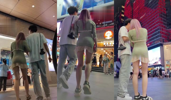 大神晚上步行街尾随CD偷拍 绿色包臀裙美女和男友逛街，白色窄内露毛