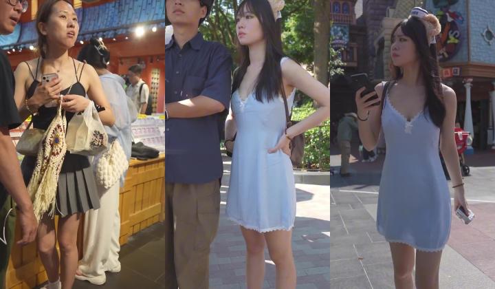 【banana cat】系列 蓝色长裙美女游乐园约会挑选商品弯腰内裤贴镜头侧面露毛骚货百褶裙无打
