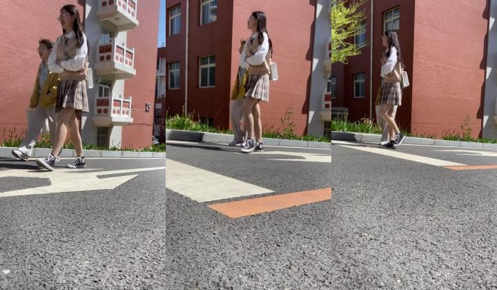 抄底颜值嫩妹【大学学妹格子裙肉丝】尾行短裙靓女，下课人太多机会不多，被发现赶紧跑路