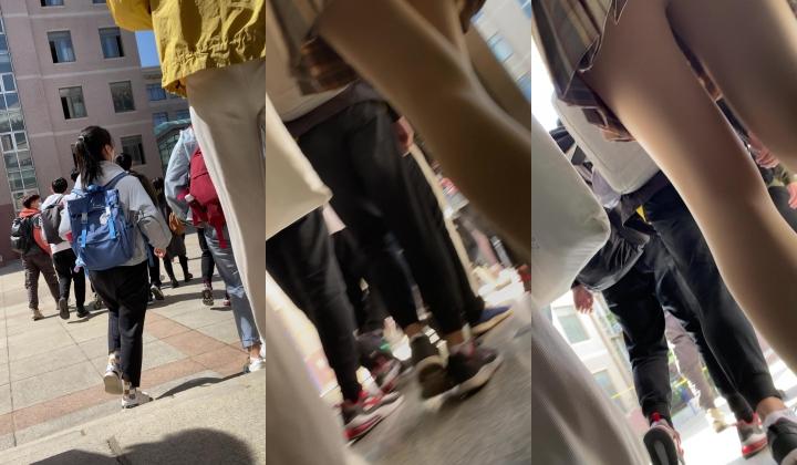 抄底颜值嫩妹【大学学妹格子裙肉丝】尾行短裙靓女，下课人太多机会不多，被发现赶紧跑路