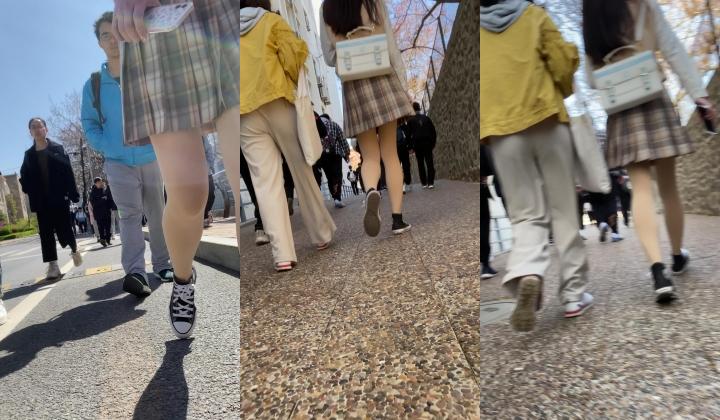 抄底颜值嫩妹【大学学妹格子裙肉丝】尾行短裙靓女，下课人太多机会不多，被发现赶紧跑路