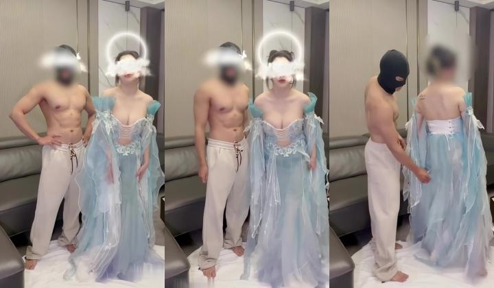 武汉绿帽情侣博主「丝袜小淫妻」《古装大奶母狗》穿着肉丝被无套抽插，摸着大奶子无套内射