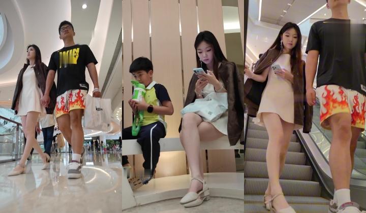【商场抄底】龟男带小靓女逛街，玉足特写，看起来小女友被插得很满足