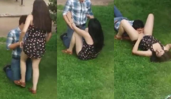 手机偷拍楼下草地一对饥渴情侣男的在给女的舔鲍鱼