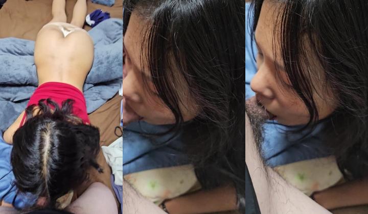 大一新生跟异地男友周末开房露脸性爱，沉浸式欣赏骚女吃鸡服务，最后还被无套内射了