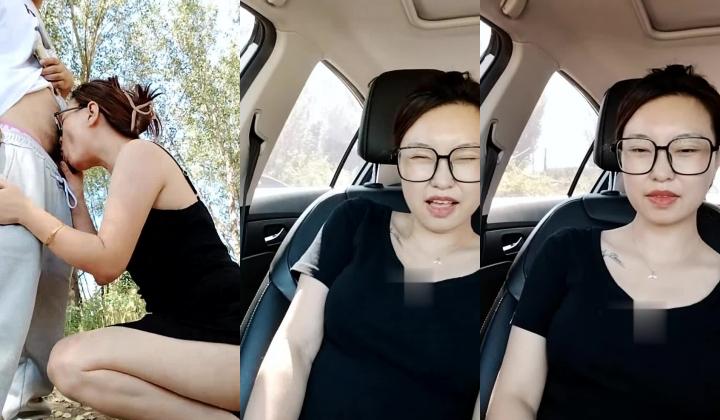 韵味十足眼镜骚货！驾车户外野战！蹲在地上尿尿，脱下炮友裤子吃屌，撩起裙子一顿操，从下往上视角