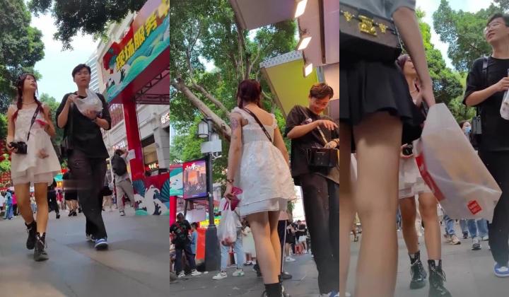【步行街抄底】青春靓女，包臀裙够顶，便宜龟男了，强行拍摄，玉足特写，白内裤太骚