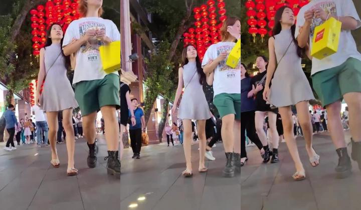 【步行街抄底】青春靓女，包臀裙够顶，便宜龟男了，强行拍摄，玉足特写，白内裤太骚