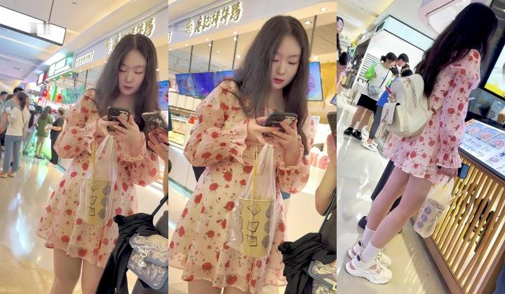 【KFC】长裙学生和闺蜜逛街买小吃前后CD淡黄色半透内
