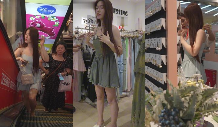 气质美女短裙逛街服装店换了裙子又被拍微透白内