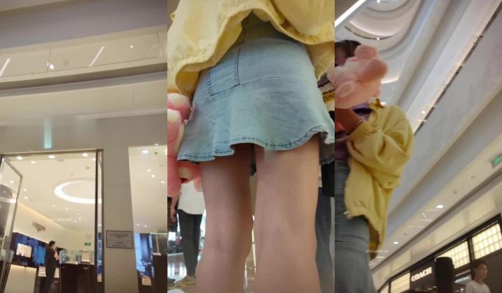 国产偷拍自拍 抄底【XLBCD】黄色外套牛仔短裙可爱小妹妹，蓝色内内