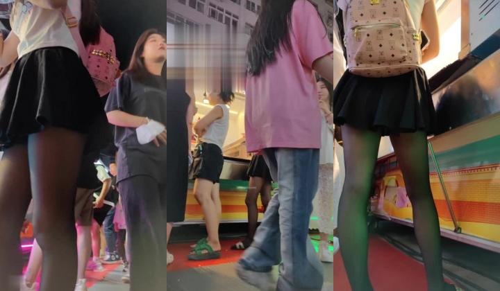 抄底【XLBCD】黑色丝袜超短裙小姐姐，黑色性感内内