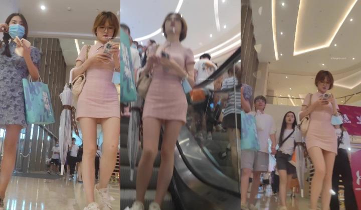 抄底【XLBCD】粉色包臀裙短发眼睛美女，白色内内