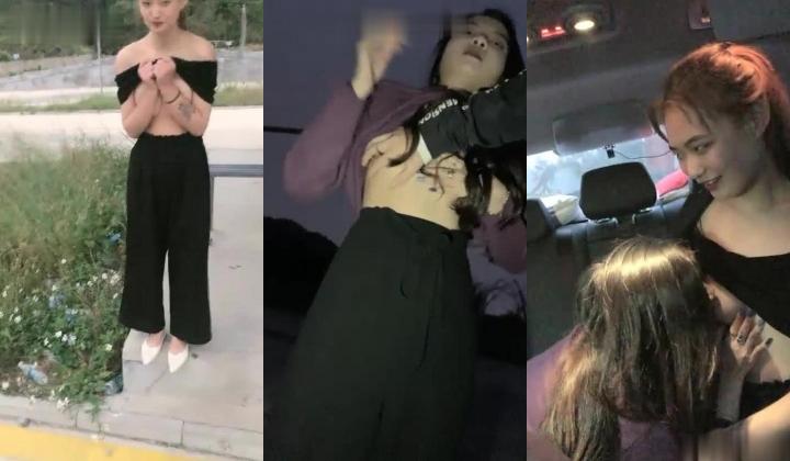 【骚劲小妖精】户外车后座拨开内裤露逼，下车脱光光口交啪啪抱起来干