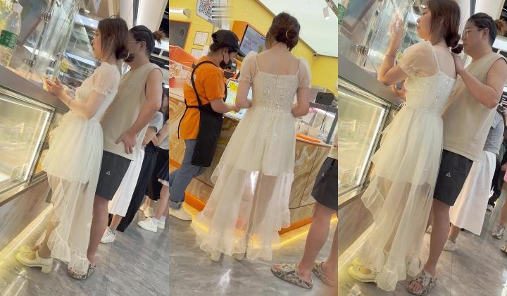 【KFC】商场尾随偷拍婚纱裙靓女和猥琐男友·裙子遮住屁股放心穿了骚窄内