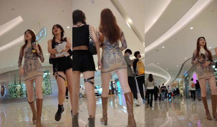 抄底【XLBCD】 性感紧身包臀裙长靴美女，黄色窄内