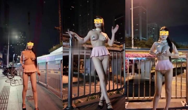 深夜的深圳【江小凡】超短裙露出，凌晨城市裸行，乳夹扯痛红肿乳头，臀缝铃铛叮铃乱响。公园停车场