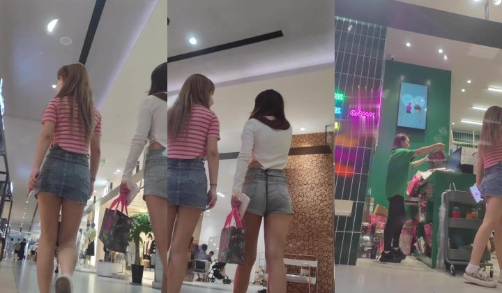 抄底【XLBCD】蓝色牛仔短裙美女，黑色性感内内