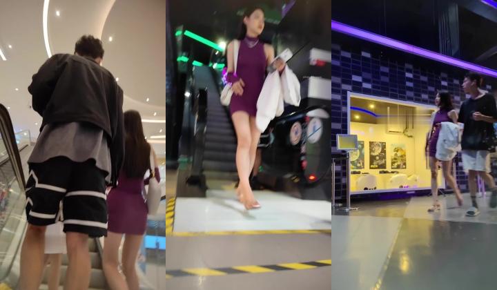 抄底【XLBCD】超性感紫色包臀裙透明高跟鞋美女，黄色内