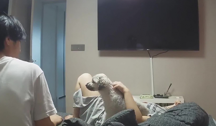 韩国夫妻卧室激情性爱监控流出，夫妻激情肏逼让一旁看着的宠物狗狂日玩偶！