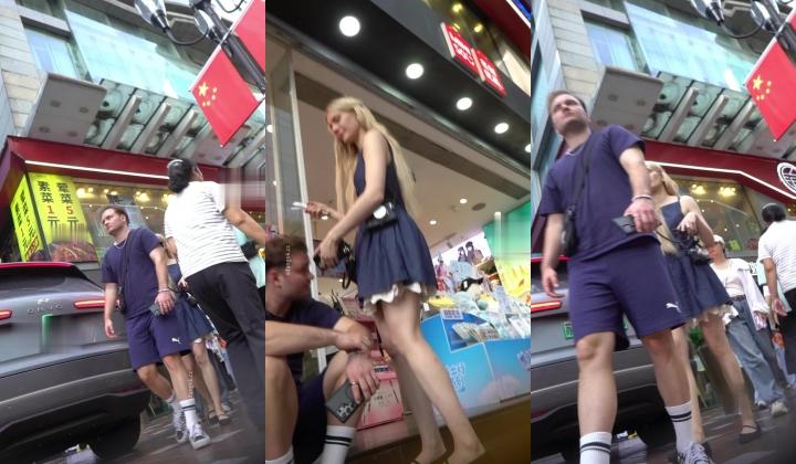 步行街抄底金发碧眼外国妞白色骚丁深陷肥臀
