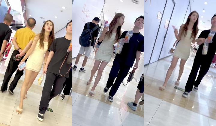 【KFC】裹胸包臀裙美女和男友甜蜜逛街蕾丝半透骚内尿黄了
