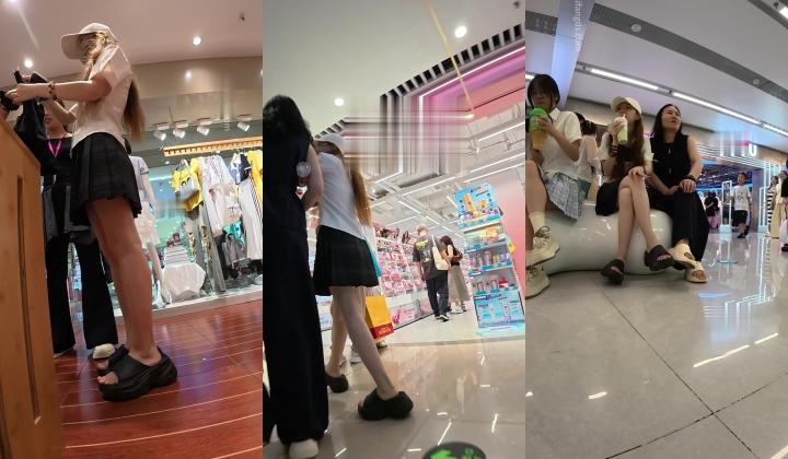 商场一路跟踪抄底JK裙学生妹 纤细雪白美腿卡通白内