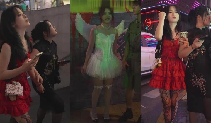 红裙美女性感黑丝网袜逛街蕾丝边骚内夹进屁股 蕾丝天使裙美女打卡拍照粉色条纹内开闪CD