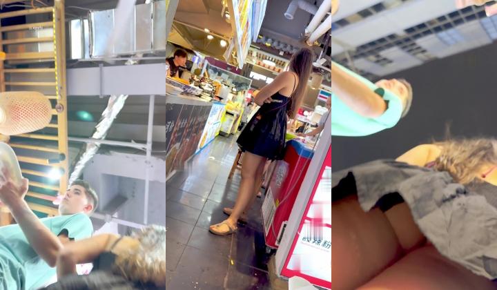 【KFC】大神夜市步行街尾随 吊带裙靓女逛街骚丁低角度CD·好像发现被拍了用手捂住裙边