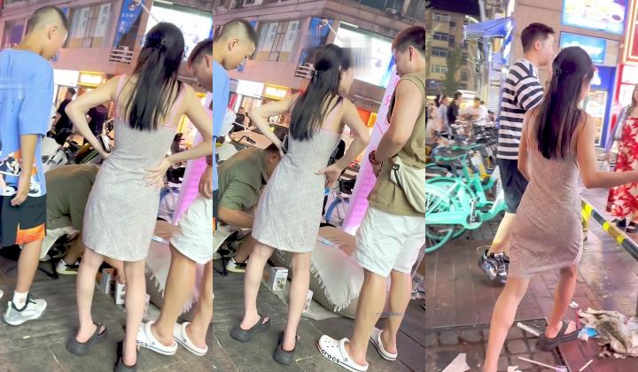 【KFC】长裙靓女和男友深夜逛街坐地化妆·脱下高跟露着肉丝脚黑色内内被前后CD
