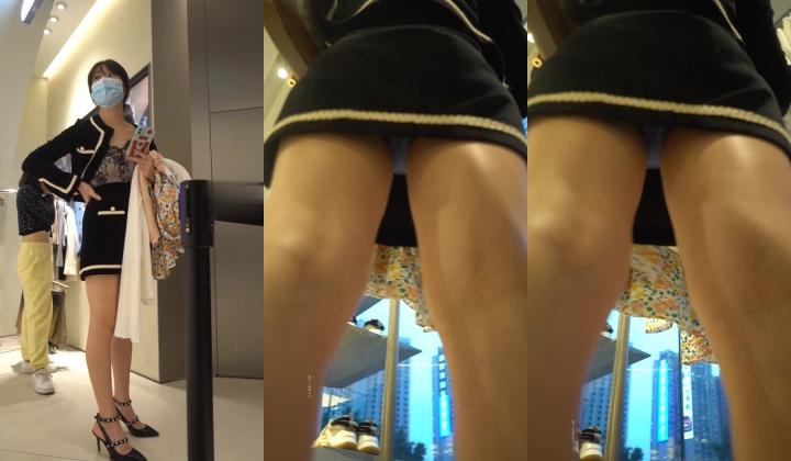 YC商场抄底印花抹胸系带黑高绝美少妇,透明紫色内中间湿了一片