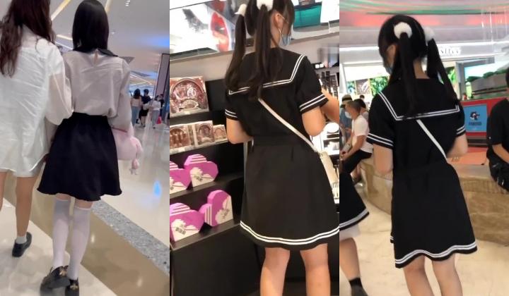 商城跟随偷窥眼镜JK学生妹 清纯靓丽 蓝色小内内包着小屁屁