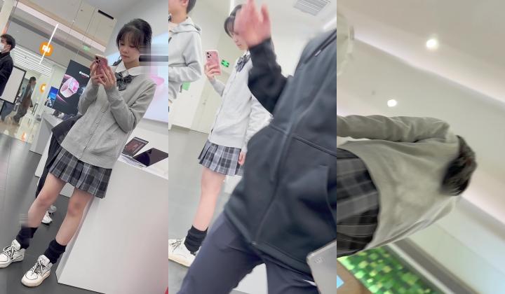 【KFC】制服JK学生妹逛街专注玩手机 短裙粉色内内萌萌哒