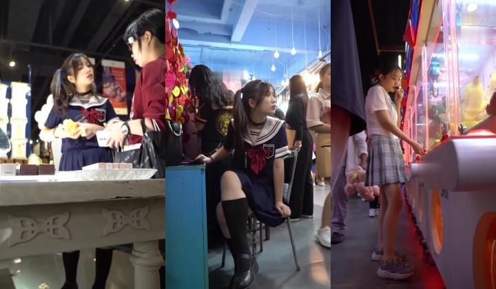 名门夜宴CD系列偷拍大师游戏展会偷拍双马尾制服jk小姐姐戴项圈性感粉窄内+电玩城的主持人浅绿色j